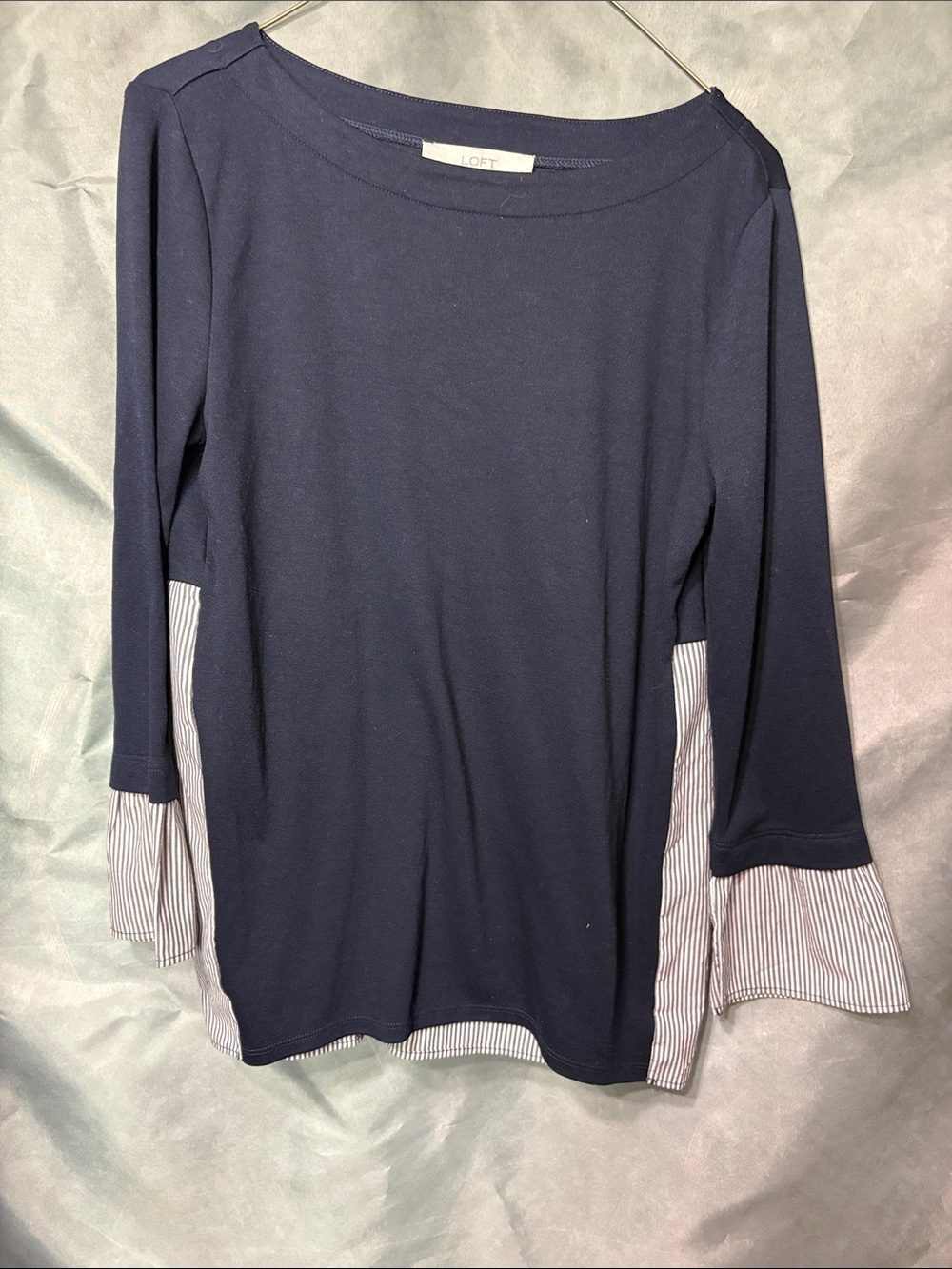 LOFT Navy Long-Sleeve Mixed-Media Boatneck Top with Striped Panels